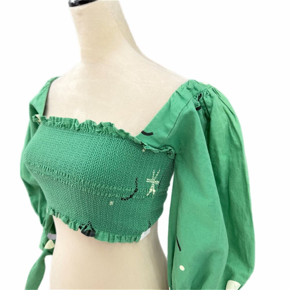 Capulet Gracia Smocked Puffed Sleeve Linen Cotton Green Carnivale Print Crop Top - Picture 6 of 13